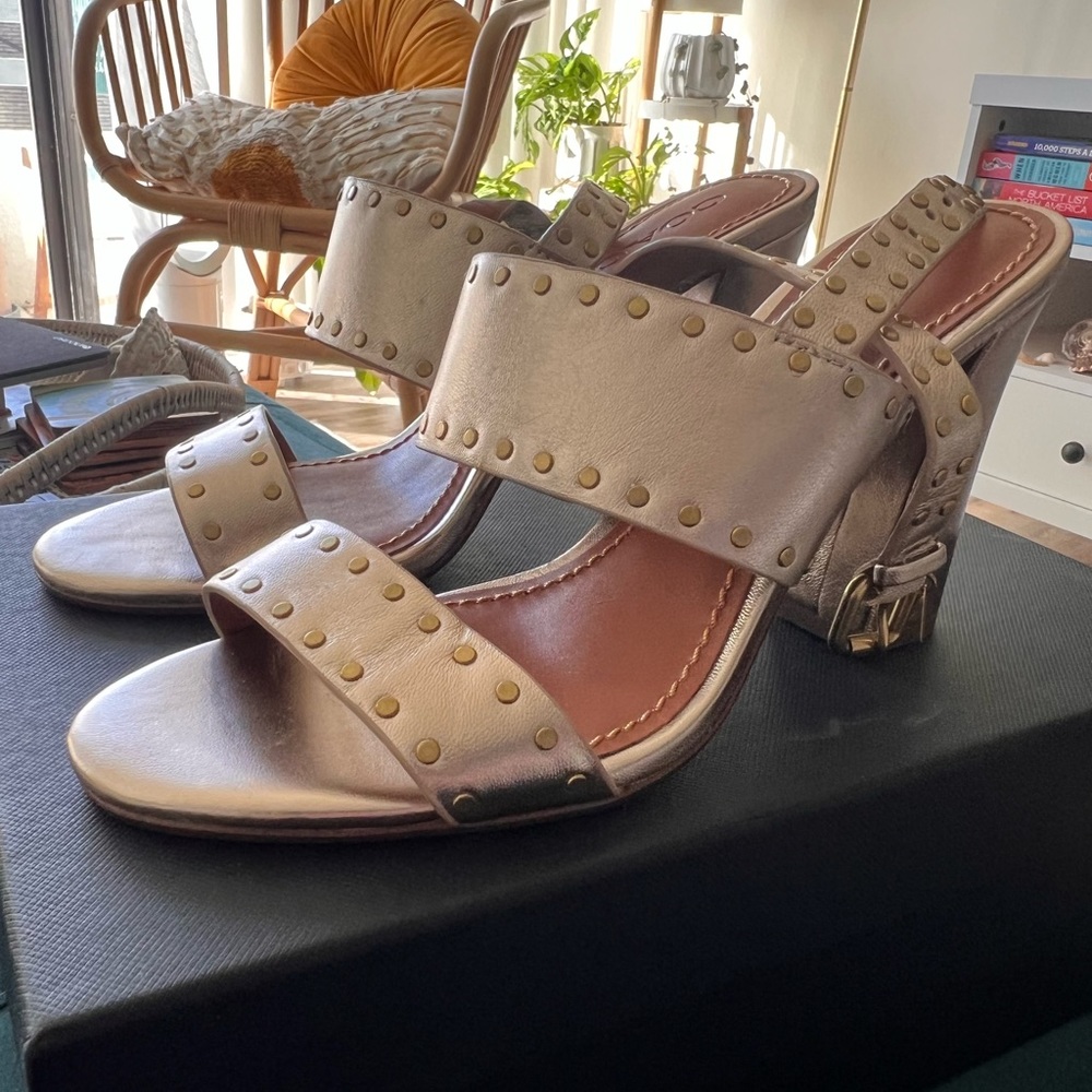 Coach Rylie Leather Studded Sandal in Champagne